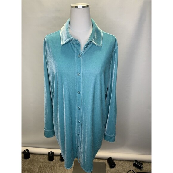 Soft Surroundings Tops - Soft Surroundings Women’s XL Velvet Boyfriend Button Down Blue Long Tunic Top